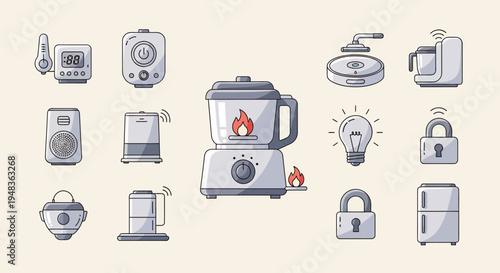 Digital thermometer, appliances, and security devices arranged in a grid