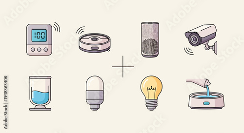 Various smart home devices and objects including a remote, robot vacuum, security camera, and light bulb