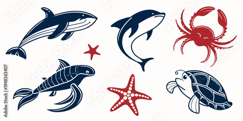 a group of sea creatures including a shark dolphin crab turtle fish and starfish Vector
