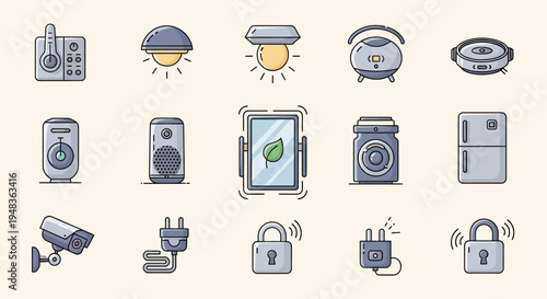 Smart home icons thermometer, lights, speaker, cleaner, camera, locks, plugs, fridge