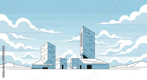 Abstract geometric buildings under a cloudy sky