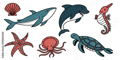 a collection of sea creatures including a shark dolphin turtle and more Vector