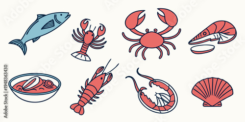 a collection of various seafood items Vector