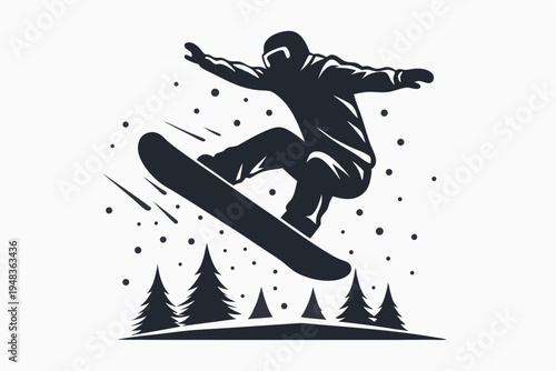 Dynamic silhouette of a snowboarder executing a jump with a colorful gradient sky.