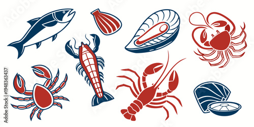a collection of seafood icons including fish and shellfish Vector