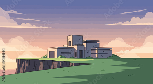 Modern structure atop a cliff at sunset with layered clouds