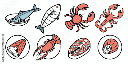 a collection of seafood icons including fish and crustaceans Vector