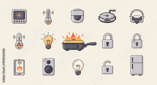 Smart home devices thermometers, camera, robot vacuum, speaker, lighting, cooking, security, fridge