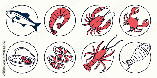a collection of seafood icons including fish and crustaceans Vector