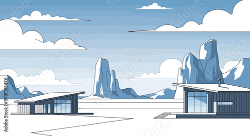 Modern homes sit in a stark landscape with towering rock formations under a cloudy sky