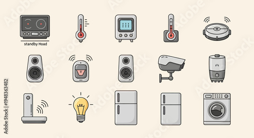 A collection of simple, flat icons representing smart home devices and appliances
