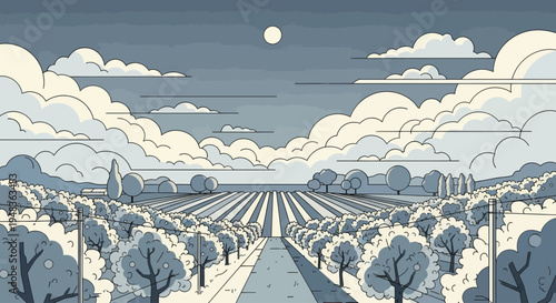 A stylized landscape with a road leading through a tree-lined field under a cloudy sky