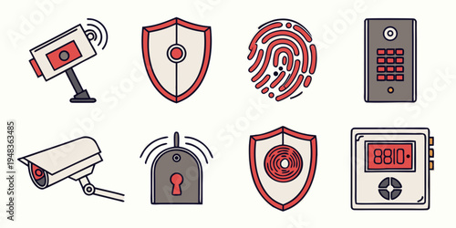 a collection of security icons including cameras and shields Vector