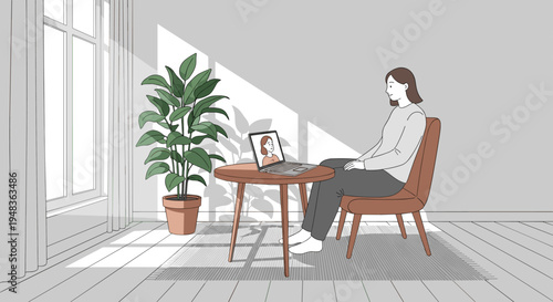 Woman on video call with laptop in sunlit room with plant and window.