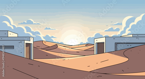 Sunny desert landscape with minimalist modern buildings and rolling dunes
