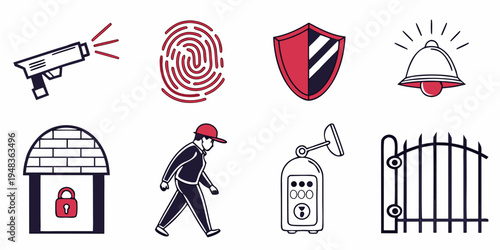 security icons including gun, alarm, shield, and safety measures Vector