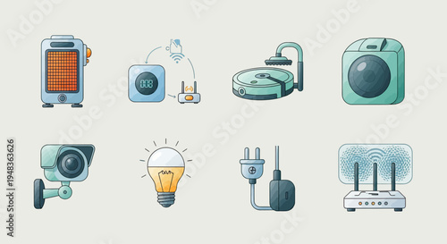 Collection of smart home devices heater, router, robot vacuum, camera, light, dryer