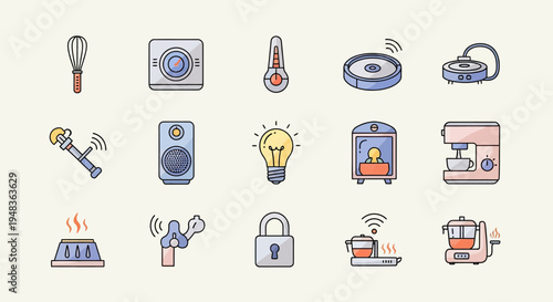 Assorted smart home devices and kitchen appliances in a clean illustration style