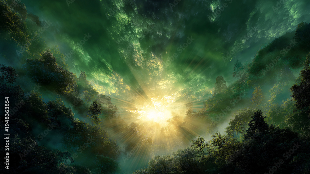 Fototapeta premium sun rays shining through a lush green forest clouds