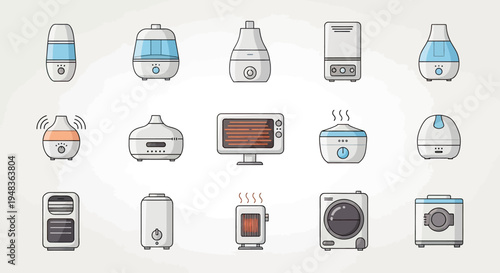 Flat illustrations of humidifiers, diffusers, heaters, and air conditioners
