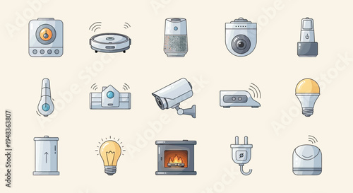 Collection of smart home devices including sensors, cameras, and appliances
