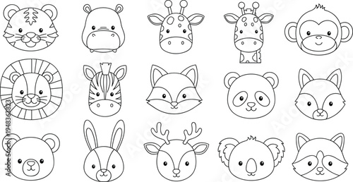 Cute animal face coloring book page set with tiger, lion, panda, and giraffe characters for kids activity, outline vector illustration