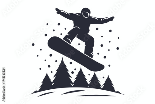 Silhouette of a snowboarder captured in mid-air during a jump, evening sky.