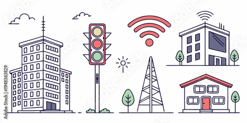 a set of icons representing wireless communication and urban infrastructure Vector