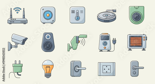 Assorted electronic devices and home appliance icons on a light background