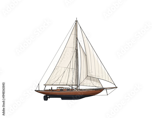 Detailed illustration of a classic wooden sailboat with full sails, depicted on a white background, showcasing maritime elegance and traditional nautical design