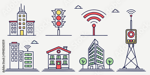 a collection of city buildings and communication towers Vector