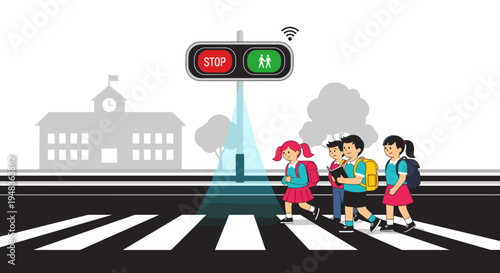 Four children crossing a zebra crossing with a smart traffic light.
