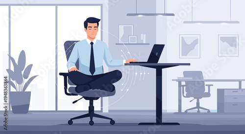 A businessman meditating in lotus position on an office chair with a laptop.