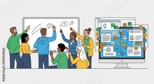 A diverse group of people collaborates around a whiteboard and a large computer monitor.