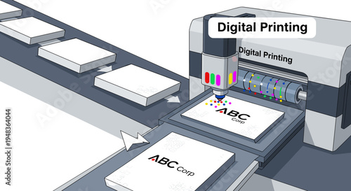 A digital printing machine prints ABC Corp logos onto cards on a conveyor belt.