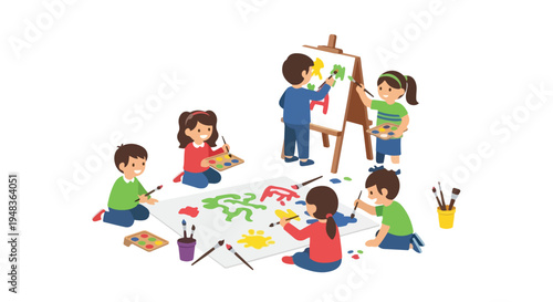 A group of diverse children joyfully engages in a colorful painting activity, some at an easel and others on the floor, fostering creativity and fun.