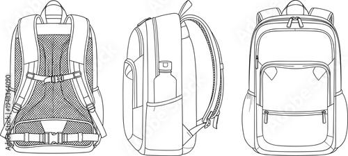 School backpack illustration set showing front, side and back views with straps and pockets, detailed student bag design isolated on white background