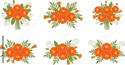 Bright Marigold Flower Bouquet Illustrations with Green Leaves and Vibrant Orange Petals in Elegant Arrangements