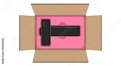 An open cardboard box with a smartphone and accessory in pink foam.