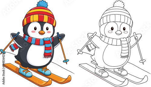 Cute penguin skiing character with colorful winter outfit and black and white coloring page version for kids activity book design
