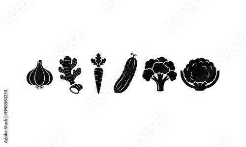 Black and white illustration of six different vegetables
