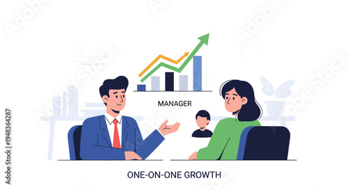 A man and a woman are seated at a desk with a growth chart in the background.
