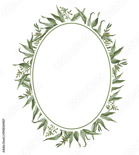 Oval botanical frame with green leaves isolated on white background, vector decorative wreath