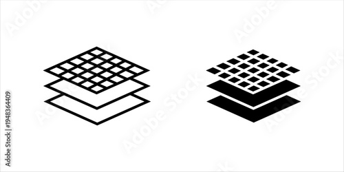 Collection of layered stack icons in outline and solid styles representing data layers, system architecture, digital structure, and software development concepts.