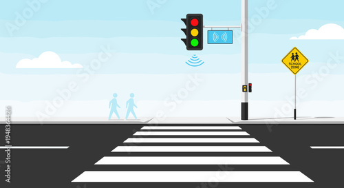 A smart traffic light stands at a crosswalk with a school zone sign.