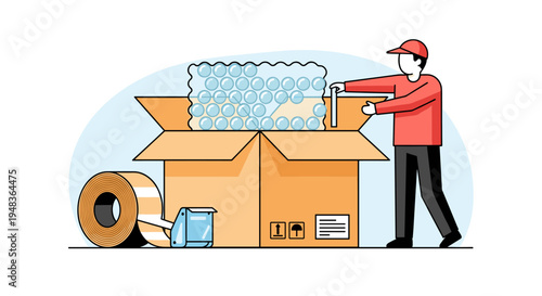 Person in red cap packs bubble wrap into a cardboard box.
