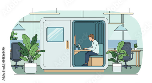 Man works on laptop inside an office pod with plants.