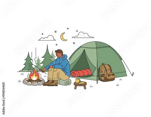 Camping scene with a person sitting by a campfire next to a tent under a crescent moon and stars, enjoying outdoor adventure