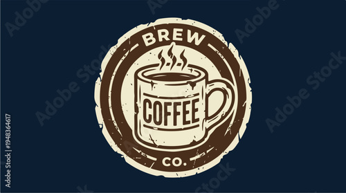 Brew Coffee Co Vintage Emblem with Steaming Mug.