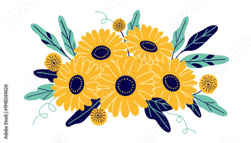 A vibrant digital illustration featuring a cluster of yellow sunflowers with dark blue centers